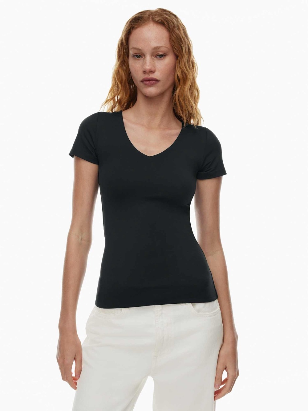 Aritzia Contour V Neck Short Sleeve Black Tee Shirt Womens Size 2XS 959